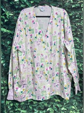 Med Gear Nursing Scrub Top Long Sleeve Snap Front Pastel Floral Womens Plus 3X